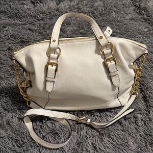 Michael Kors White Leather Satchel Handbag with Buckles & crossbody strap